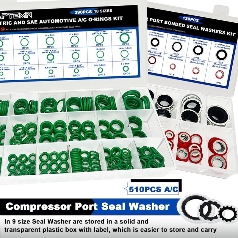Daptemn 390 PCS Air Conditioning Compressor O Rings and 120 PCS A/C Sealing Washers Kit, 30 Size Air Conditioning Compressor Port Gasket, Repairs Automotive Air Conditioning Systems Bonded Washer - Image 4